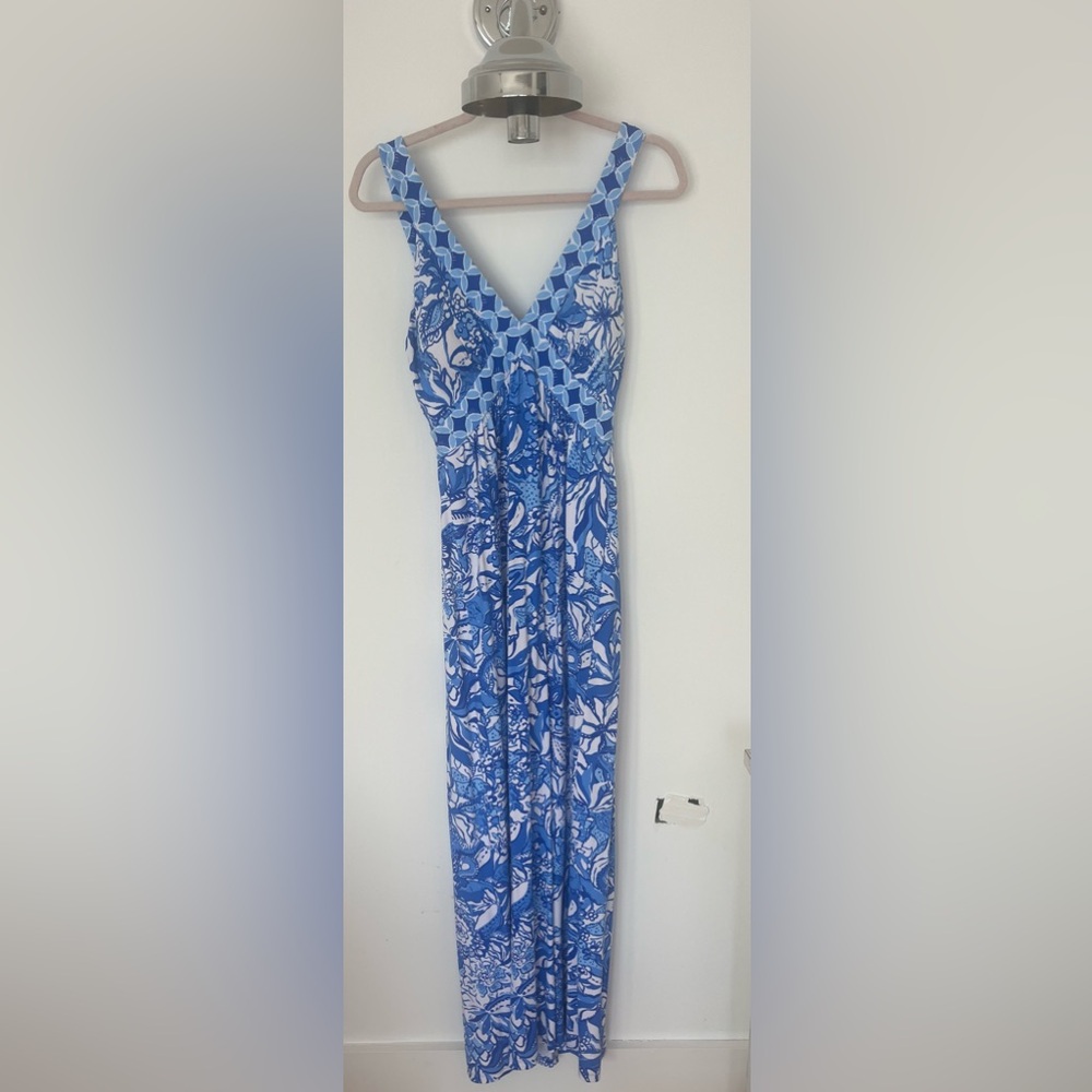Blue and White Patterned Maxi Dress